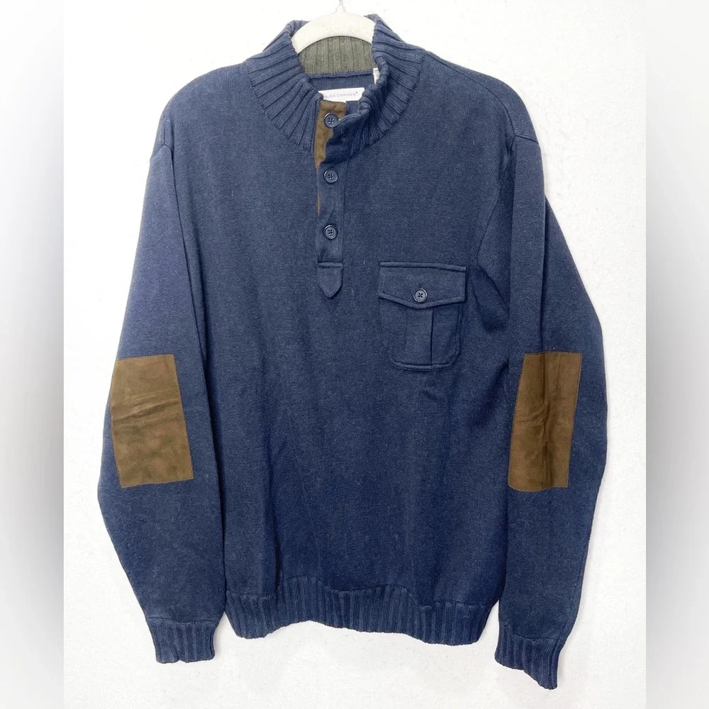 Alex Cannon 100% Cotton Knit Pull Over Navy Blue Sweater Brown Elbow Patches Med